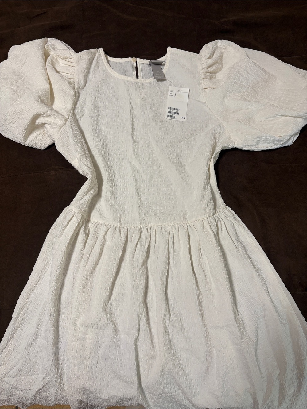 H&M White Puff-Sleeve Textured Dress